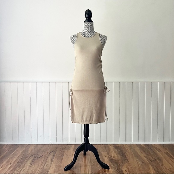 Zara Tan Ribbed Knit Ruched Drawstring Bodycon Dress Size S - Picture 15 of 15
